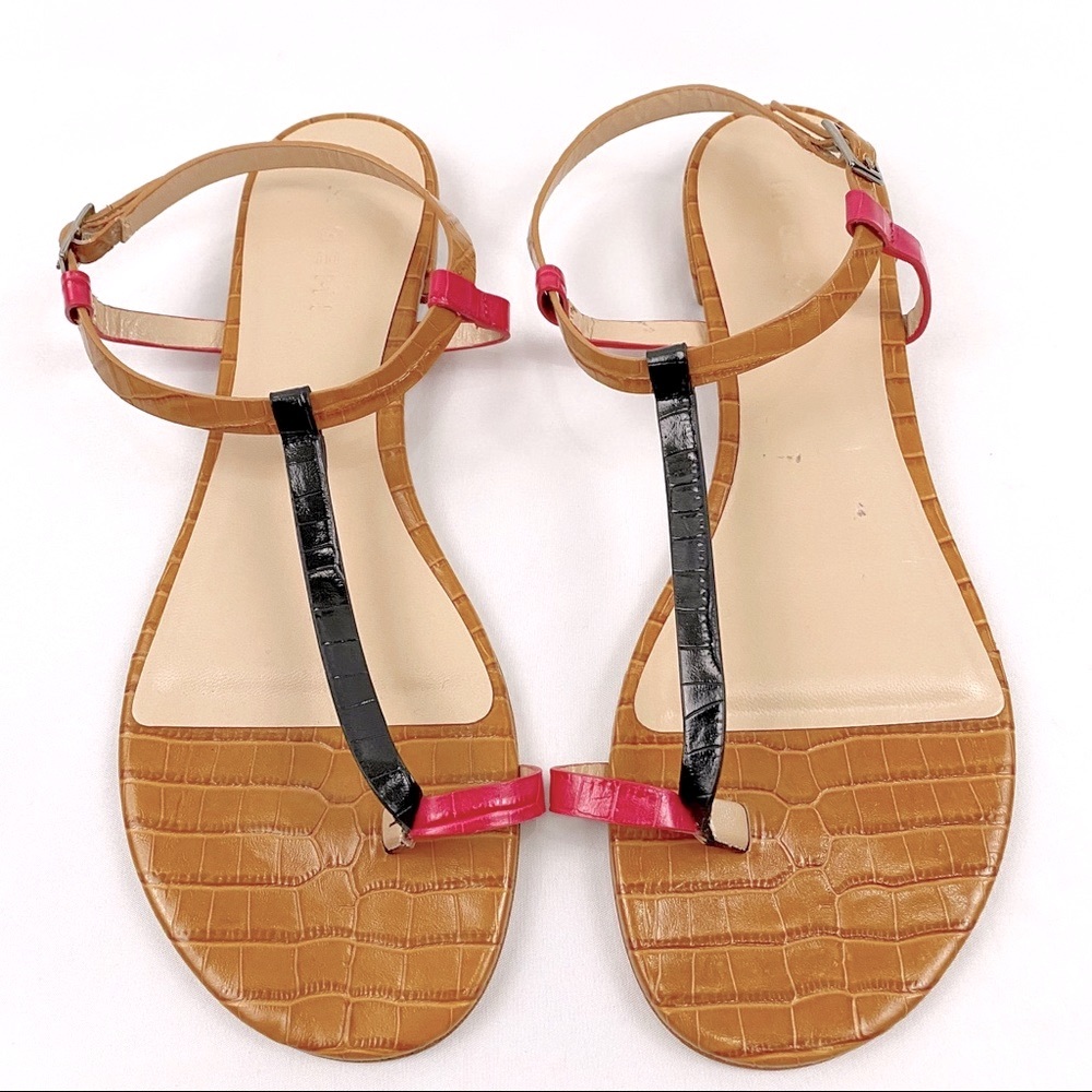 Women’s M. Gemi Tan Croc-Embossed Leather Sandals with Black and Pink Straps 10M